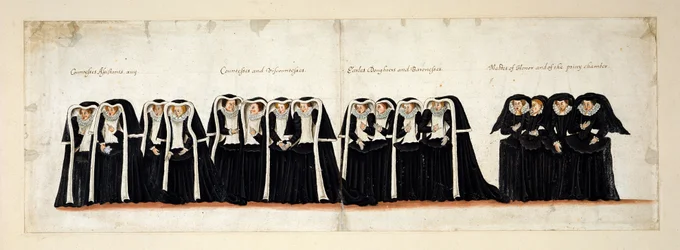 grevinnor assistenter; Grevinnor och Viscountessor; döttrar till jarlar och friherrinnor; Hederspigor och av hemliga kammaren. Del av drottning Elizabeth I:s begravningståg till Westminster Abbey, 28 april 1603