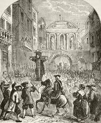 Daniel Defoe vid skampålen vid Temple Bar, ur "Englands nationella och inhemska historia" av William Hickman Smith Aubrey (1858-1916), utgiven i London, ca 1890