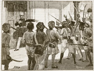 De Kantzow försvarar statskassan i Mynpooree, illustration från Cassells Illustrated History of England (sepiafoto)