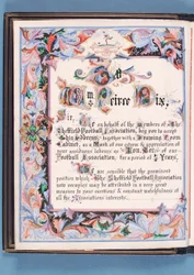 Dedikation från en adress som presenterades av Sheffield Football Association till William Pierce-Dix i samband med hans pensionering som sekreterare, 1882 (bläck på papper) (se även 315163)