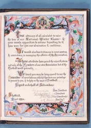 Dedikation från en adress som presenterades av Sheffield Football Association till William Pierce-Dix i samband med hans pensionering som sekreterare, 1882 (bläck på papper) (se även 315162)