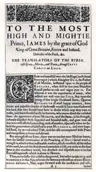 Dedikationssida i The Holy Bible, pub. av Robert Barker, 1611