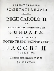Dedikation till Royal Society av den första upplagan av Newtons Philosophiae Naturalis Principia Mathematica, 1687