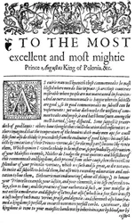 Dedikation till kungen av Polen Sigismund II Augustus I i The Counsellor, den första engelska översättningen av Wawrzyniec Grzyma?a Go?lickis De optimo senatore, 1598 (tryck)