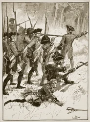 General Braddocks nederlag i det indiska bakhållet, 1755, illustration från Cassells Illustrated History of England (sepiafoto)