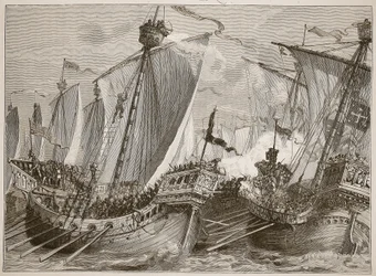 Nederlag för den franska flottan i Engelska kanalen, illustration från Cassells Illustrated History of England (sepiafoto)