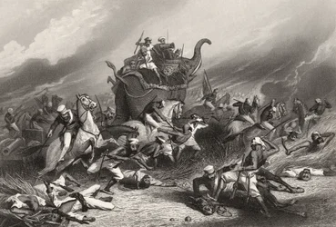 Peishwas armés nederlag inför Jhansi av general Rose den 1 april 1858, från "The History of the Indian Mytery" publicerad 1858