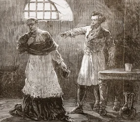 Denis tillrättavisar biskopen av Meaux, illustration från The History of Protestantism av James Aitken Wylie (1808-1890), pub. 1878
