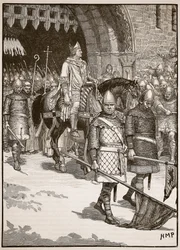 Biskop Odos avgång från Rochester, illustration från Cassells Illustrated History of England (sepiafoto)