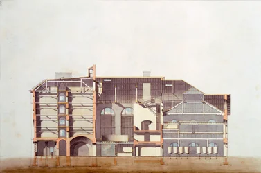Design för Stag Brewhouse, originalmanuskriptritning från George Saunders kontor, ca 1807 (penna, wc och penna och bläck på papper)