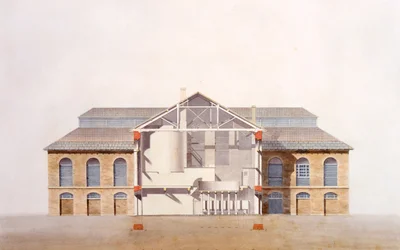 Design för Stag Brewhouse, originalmanuskriptritning från George Saunders kontor, ca 1807 (penna, wc och penna och bläck på papper)
