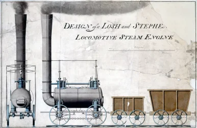 Design av en Losh and Stephenson Locomotive Steam Engine, c.1826 (penna & bläck och tvätt på papper)