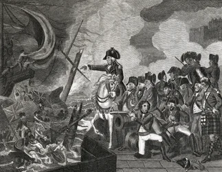 Destruction of the Gun Boats Before Gibraltar, graverad av H.Cook, 1816
