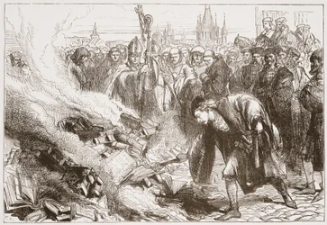 Förstörelse av Wickliffes verk i Prag, illustration från The History of Protestantism av James Aitken Wylie (1808-1890), pub. 1878