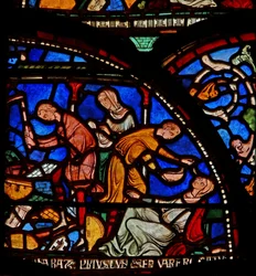Detalj från Mirakelfönstret som visar Geoffrey av Winchesters mor som ber till St.Thomas