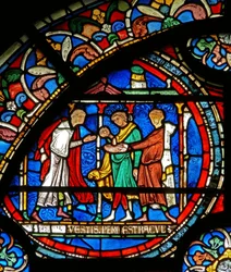 Detalj från Mirakelfönstret som visar pilgrimer som blir helade vid St Thomass helgedom