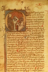Detalj av ett prydnadsbrev i ett 1300-talsmanuskript. Duns Scotus föreläser sina elever