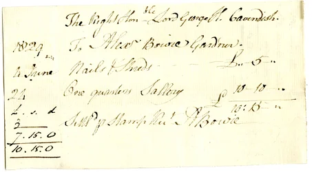 Devonshire MSS AS 3101, folio från en bunt sedlar som betalats av Pinder Simpson för Lord George Cavendish, inklusive Alexander Bowies sedel