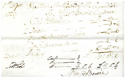 Devonshire MSS AS 3101, folio från en bunt sedlar som betalats av Pinder Simpson för Lord George Cavendish, inklusive Alexander Bowies sedel