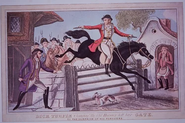 Dick Turpin hoppar Hornsey toll bar grind på sin häst Black Bess (färgad gravyr)