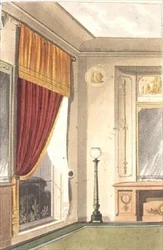 Matsalsfönstergardin och skänk, skylt 86 från Ackermanns Repository of Arts, publicerad 1809-28 (färg litho)