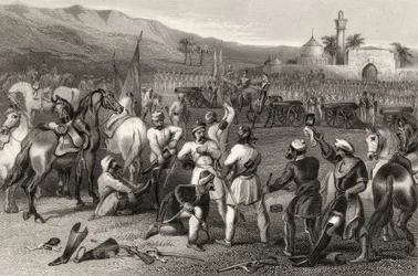 Avväpning av det 11:e irreguljära kavalleriet i Berhampore 1857, från "The History of the Indian Mytery" publicerad 1858