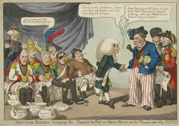 Doctor Boney_bringing the Powers to Pot, eller John Bull och hans vänner ganska blyga, pub. 1808 (handfärgad gravyr)