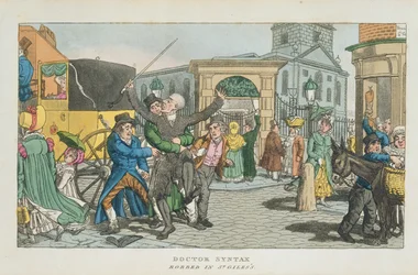 Doctor Syntax rånad i St. Giless, från The Tour of Doctor Syntax genom London, eller The Pleasures and Miseries of the Metropolis. En dikt, publicerad 1820 (akvatint)