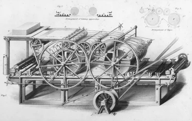 Dubbelcylindrig tryckmaskin från Cyclopaedia of Useful Arts & Manufactures, redigerad av Charles Tomlinson, ca 1880-talet