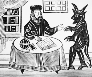 Dr. Faustus in Counsel with the Devil, från Gents översättning av Dr. Faustus av Christopher Marlowe (1564-93) 1648 från en samling kapböcker om esoterica