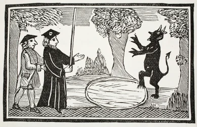 Dr. Faustus reser djävulen, illustration från Chap-books of the Eighteenth Century av John Ashton, pub. 1882