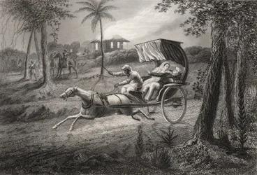 Dr Graham skjuten i sin vagn av Sealkote Myteri 1857, från "The History of the Indian Mytery", publicerad 1858