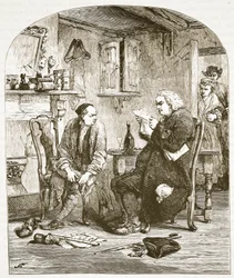 Dr Johnson läser manuskriptet av Vicar of Wakefield, illustration från Cassells Illustrated History of England (sepiafoto)