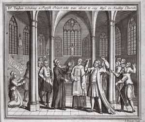 Dr Taylor tillrättavisar en påvlig präst som var på väg att säga mässa i Hadley Church, illustration från Foxes Martyrs c.1703