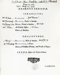 Dramatis Personae for Samson, ett oratorium av Händel, publicerat 1759