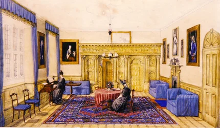 Salongsinredning av ett hus på landet, ca 1830 (akvarell på papper)