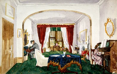 Salongsinteriör, kvinna vid piano, man i bowlerhatt skrift, ca 1850 (akvarell på papper)