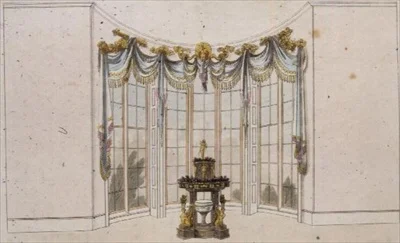 Sallfönstergardin och jardiniere, skylt 101 från Ackermanns Repository of Arts, publicerad 1809-28 (färg litho)