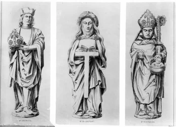 Teckningar av Saints Martin, Wilgefort och Nicholas från deras statyer i Henry VII Chapel, Westminster Abbey,