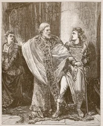 Dunstan drar Edwy från närvaron av Elgiva, illustration från Cassells Illustrated History of England (sepiafoto)