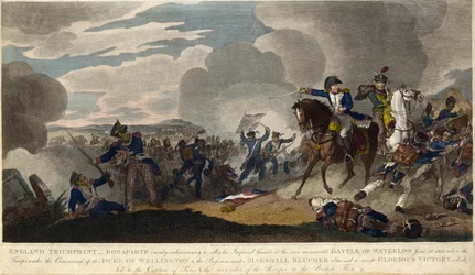 ENGLAND TRIUMPHANT. Napoleon försöker samla det kejserliga gardet vid slaget vid Waterloo, ca. 1815 (gravyr)