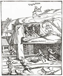 Tidig representation av Divining Rod, som visar en figur med en dykstav ovan jord som letar efter vatten, kol eller guld och gruvarbetarna under jorden sliter för att hitta kol. Från The Strand Magazine publicerad 1897.