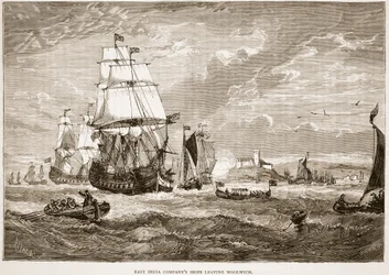 East India Company fartyg som lämnar Woolwich, illustration från Cassell
