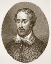 Edmund Spenser, från en gravyr av G. Vertue, illustration från The Church of England: A History for the People av H.D.M. Spence-Jones, pub. ca 1910 (sepiafoto)