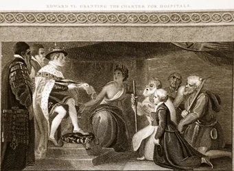 Edward VI beviljar stadgan för sjukhus, illustration från David Humes The History of England, pub. av R. Bowyer, London, 1812 88: