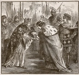 Edward tar emot kung John av Frankrike, illustration från Cassells Illustrated History of England (sepiafoto)