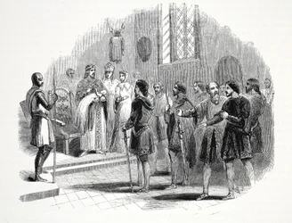 Edward den förste presenterar de walesiska hövdingarna med en prins född bland dem, på Rhuddlan Castle