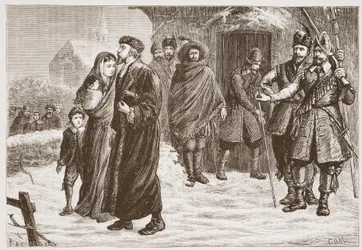 Att kasta ut en ungersk protestantisk pastor på vintern, illustration från The History of Protestantism av James Aitken Wylie (1808-1890), pub. 1878