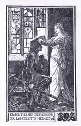 Elaine knyter ärmen runt Sir Lancelots hjälm, illustration från "The Book of Romance" publicerad av Longmans Green och Co
