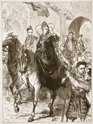 Elizabeths offentliga inträde i London, illustration från Cassells Illustrated History of England (sepiafoto)